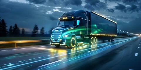 A modern truck with illuminated fixtures drives on a highway for logistics. Concept Transportation, Logistics, Highway, Truck, Illuminated