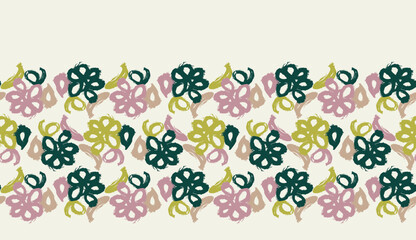 Summer meadow botanical hand drawn vector border. Retro fashion garden backdrop for decorative green pink floral seamless bordur. 