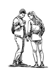 Drawing of couple, a young man shows his girlfriend something on the screen of his smartphone, Vector sketch, Hand drawn illustration