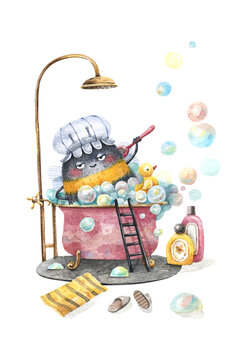 Cute bee taking a bath watercolor illustration on white background.