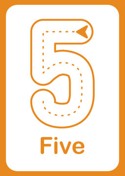 Printable flashcard trace number 5 and text for children. For preschool years and kindergarten kids learning numbers