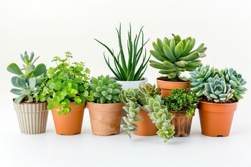 assorted small potted plants and succulents indoor gardening and home decor isolated on white background