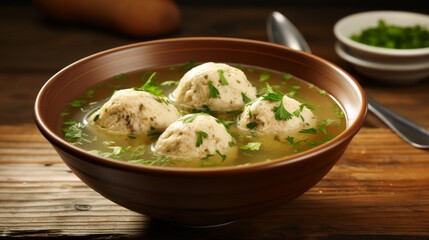 Bowl of aromatic matzo ball soup