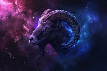 Digital artwork of a ram with a cosmic nebula backdrop, exuding mystery and astrology vibes