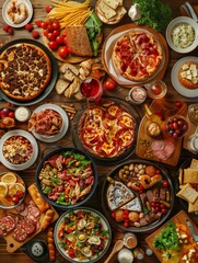 Fototapeta premium Full table of delicious Dinner party table European foods and drinks from top view, Happy dining time, buffet food dishes background.