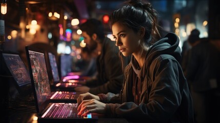 Obraz premium A focused individual engaged in gaming at a cyber cafe, with multiple computer monitors and vibrant lighting