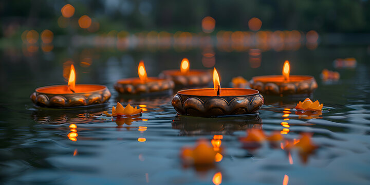 Oil lamps floating on water, creating a peaceful atmosphere for Eid-al-Adha