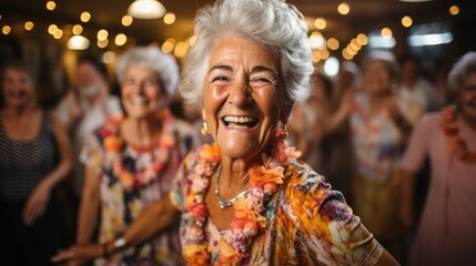 Obraz premium Vibrant senior woman laughing and dancing with friends at a lively party celebration
