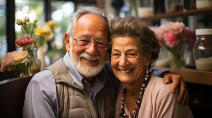 Elderly couple sharing a warm embrace and smile, showcasing a loving relationship