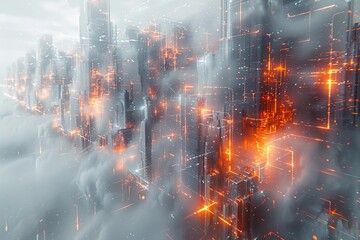 A futuristic cityscape emerges from an ethereal fog, sunlight filtering through, illuminating complex metal buildings with glass walls. Orange light particles dance in the mist.