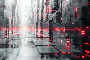 Obraz premium A futuristic cityscape emerges from an ethereal fog, sunlight filtering through, illuminating complex metal buildings with glass walls. Orange light particles dance in the mist.