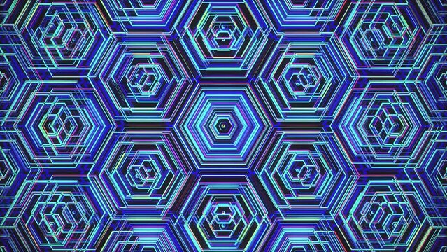 Neon Blue Purple Hexagons. Colorful Animated Hexagonal Grid in Retrowave Style. Looped video.