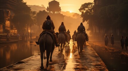 Majestic elephants with riders crossing over a bridge in silhouette against a sunrise and misty backdrop