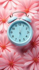 A classic blue alarm clock with a twin bell design is positioned centrally against a pattern of large pink daisies on a pink background