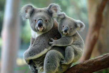 Fototapeta premium Koala bear with a baby on its back, photographed in the Australian forest. Cute animal portrait, natural greenery in the background. Horizontal. Space for copy. 