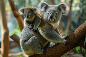 Koala bear with a baby on its back, photographed in the Australian forest. Cute animal portrait, natural greenery in the background. Horizontal. Space for copy. 