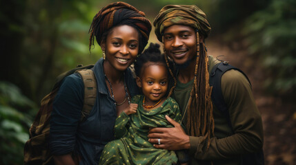 Fototapeta premium A happy family of three embracing, surrounded by greenery, exuding warmth and unity