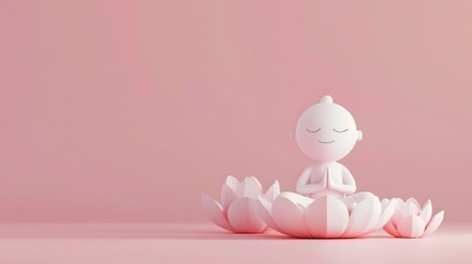 A 3D cartoon character meditating in a lotus pose with a flower blooming in front of them