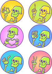 A set of hand gestures made by a skeleton. Ready set of stickers and emojis. Halloween and Day of the Dead.