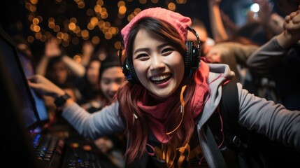 Energetic female DJ mixing music enjoying the vibrant party atmosphere in a nightclub setting