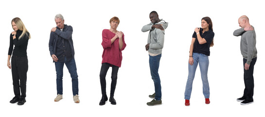 group of people with shoulder pain on white background