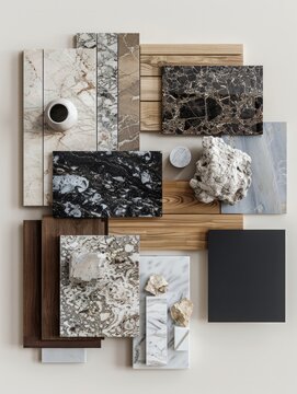 interior design material sample moodboard with luxury surfaces like marble and wood