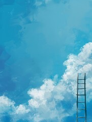 Ladder reaches towards a sky of fluffy white clouds against a clear blue backdrop
