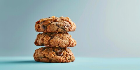 chocolate chip cookies are stacked on top of each other on light blue background