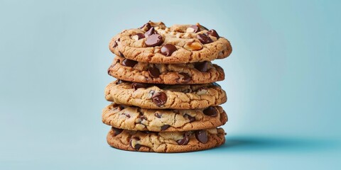 chocolate chip cookies are stacked on top of each other on light blue background