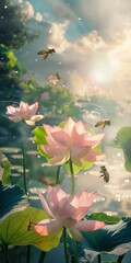 pink lotus flower blooms, green leaves on the water surface bees flying around the flowers and petals on a sunny day