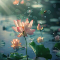pink lotus flower blooms, green leaves on the water surface bees flying around the flowers and petals on a sunny day
