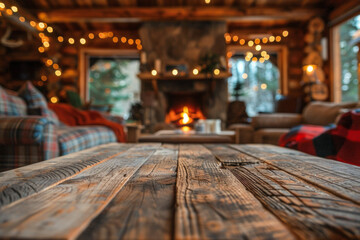 A wooden coffee table in the foreground with a blurred background of a rustic cabin living room. The background features a stone fireplace, cozy couches with plaid blankets and wooden beams