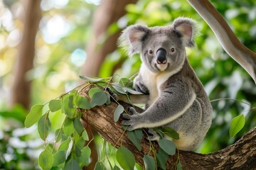 Fototapeta premium Koala bear in the Australian bush, sitting on a eucalyptus tree branch. Cute animal portrait, natural greenery in the background. Horizontal. Space for copy.