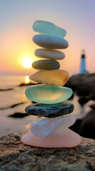 A stack of pastel-colored sea glass stones, balanced on top of each other with the sunset and lighthouse in the background