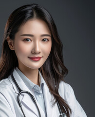 Confident Female Doctor with Stethoscope in White Coat Posing in Professional Studio Environment