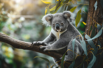 Fototapeta premium Koala bear in the Australian bush, sitting on a eucalyptus tree branch. Cute animal portrait, natural greenery in the background. Horizontal. Space for copy.
