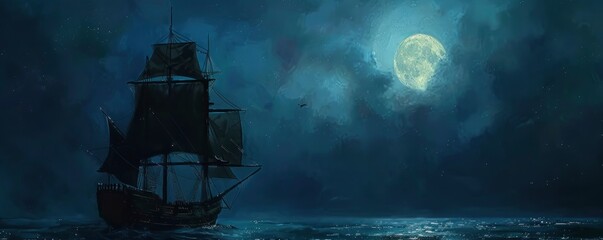 A tall ship with black sails sailing in the ocean at night
