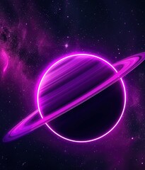 purple neon rings of Saturn on black background