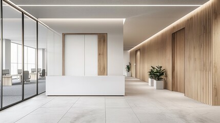 light and shadow in a modern office hallway, highlighting the contrast between the white walls and the light gray floor.