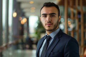 Fototapeta premium Confident Arab businessman wearing business suit in office workspace. Successful male business person portrait