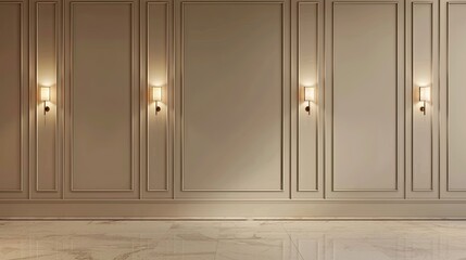 modern classic interior design, featuring a beige wall adorned with intricate decorative moldings and golden sconces on each side.