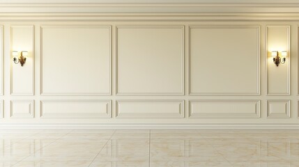 Fototapeta premium modern classic interior design, featuring a beige wall adorned with intricate decorative moldings and golden sconces on each side.