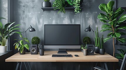 Computer on wooden table in modern office with plants,