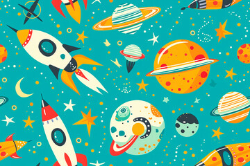 Fototapeta premium Seamless pattern with cheerful space rockets and planets, perfect for children’s designs and space themes. This fun pattern adds a touch of adventure and imagination.