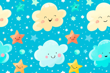Adorable seamless pattern with happy clouds and stars, perfect for children’s designs and sky themes. This cute pattern adds a touch of joy and whimsy.