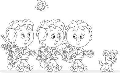 Cheerful little boys backpackers with a tourist compass and rucksacks, friendly smiling, talking and hiking with their merry pup on a fun summer vacation, black and white vector cartoon illustration