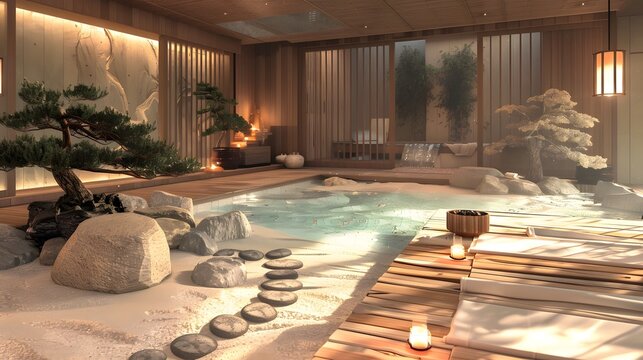 A luxurious bathhouse with stones and bonsai trees, woody interior, hot springs 