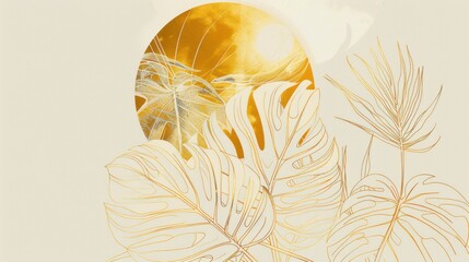 Abstract art line drawing of monstera plant gold wallpaper