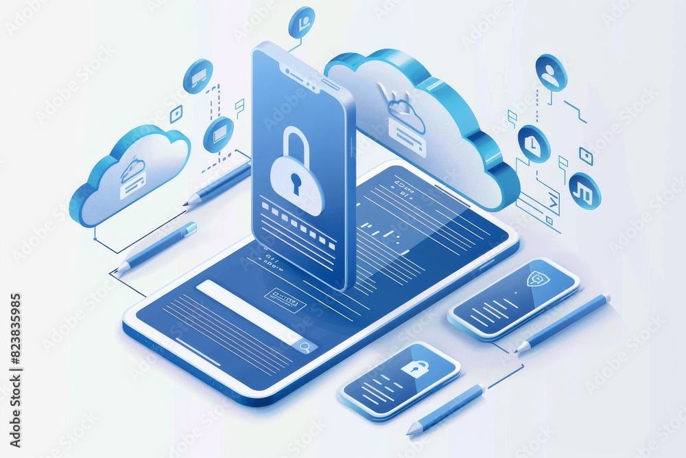 Poster Illustration of a cloud with padlock on a digital network, symbolizing secure data connections and cybersecurity.