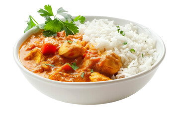 Tikka masala curry chicken served over rice in bowl isolated on white background. Traditional Indian food